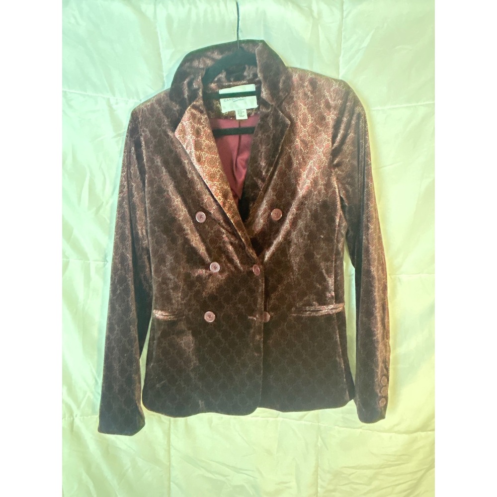 Carolina Belle Montreal Velvet Brocade Double Breasted Blazer Burgundy XS